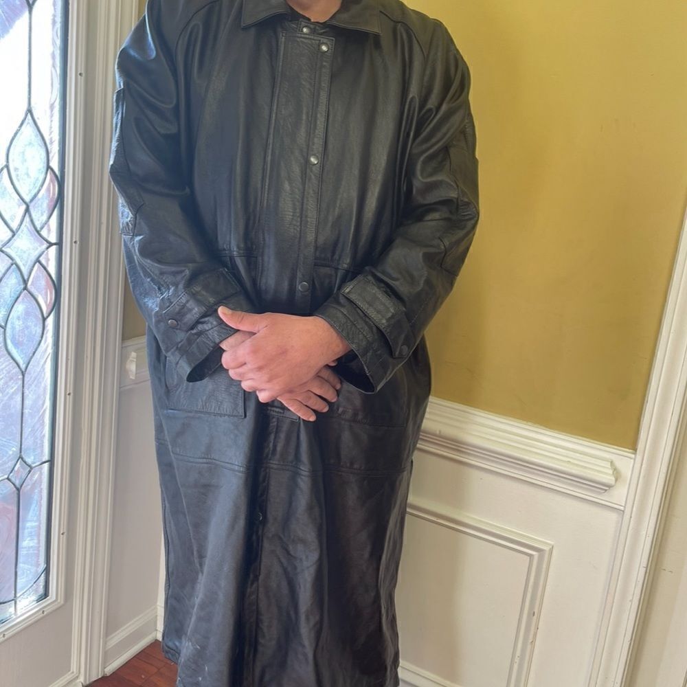 Genuine Leather By Manzoor Black Men Trench Bicker Coat Snap Buttons Szxxxl